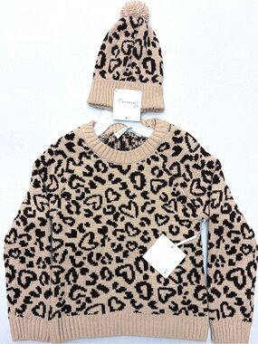 Btween NWT Girls Leopard Heart Knit Sweater & Beanie Hat Set Tan Brown Size 6